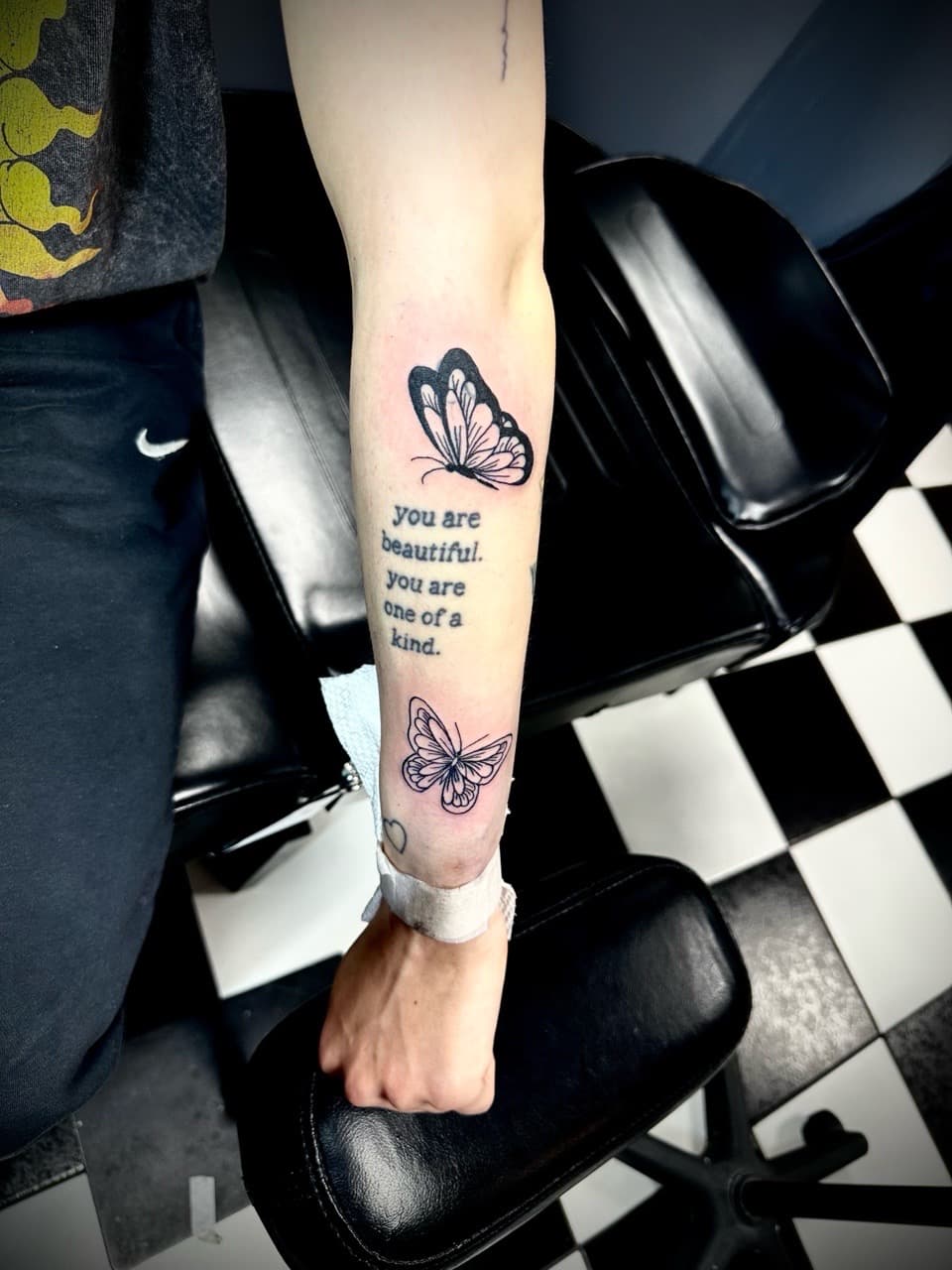 Fine Line + Black-work butterfly tattoo on Forearm by Jr on TattMe