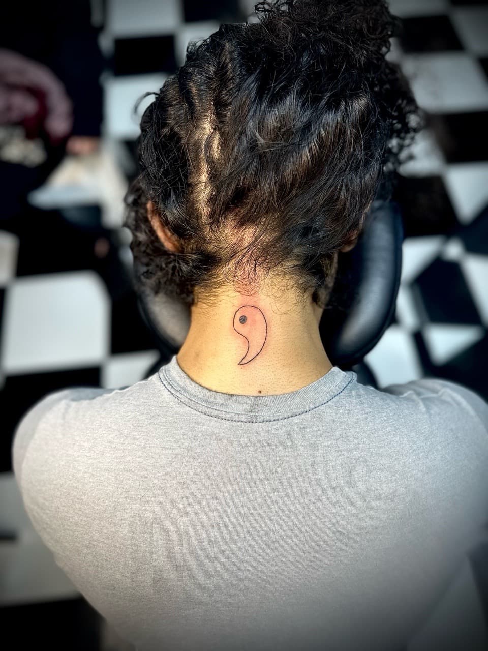 Fine Line + Minimalist yin yang tattoo on Neck (Back) by Jr on TattMe