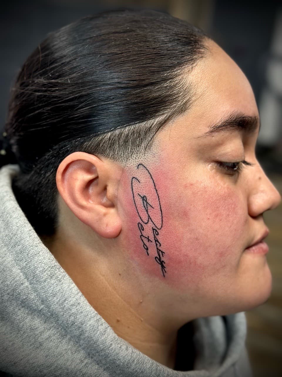 Lettering + Script names tattoo on Face by Jr on TattMe