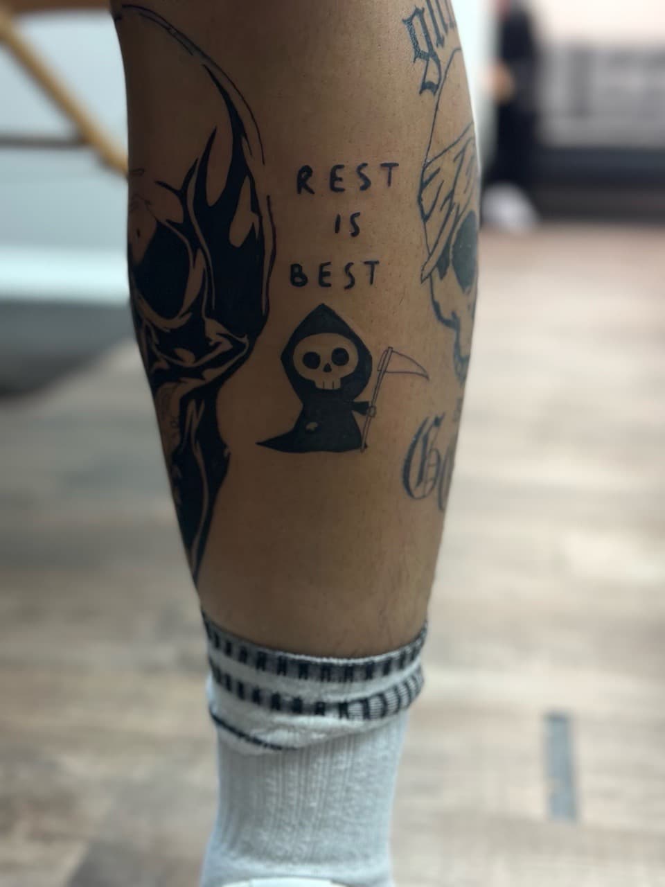 Black-work + Lettering grim reaper tattoo on Calf by Jr on TattMe