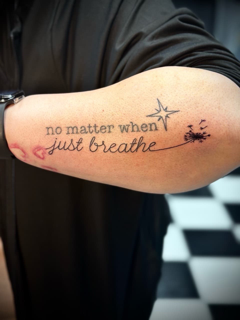 Lettering + Script dandelion tattoo on Upper Arm by Jr on TattMe