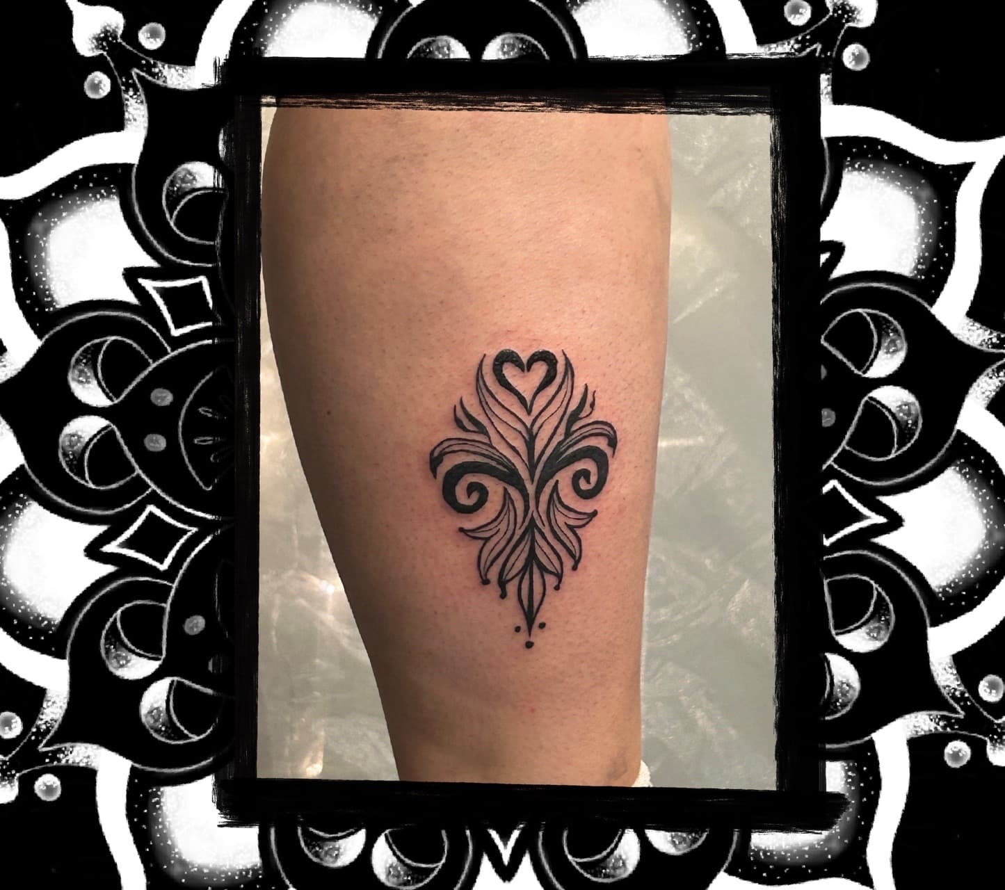 Black-work + Fine Line heart tattoo on Calf by Amaizink_Tattoo on TattMe