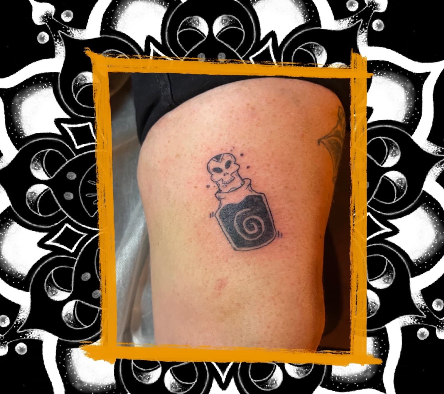 Black-work + Illustrative bottle tattoo on Upper Arm by Amaizink_Tattoo on TattMe