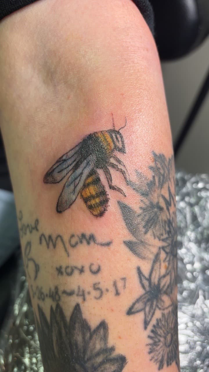 Color + Black & Grey bee tattoo on Upper Arm by Second_Chance_Tattoo_Studio on TattMe