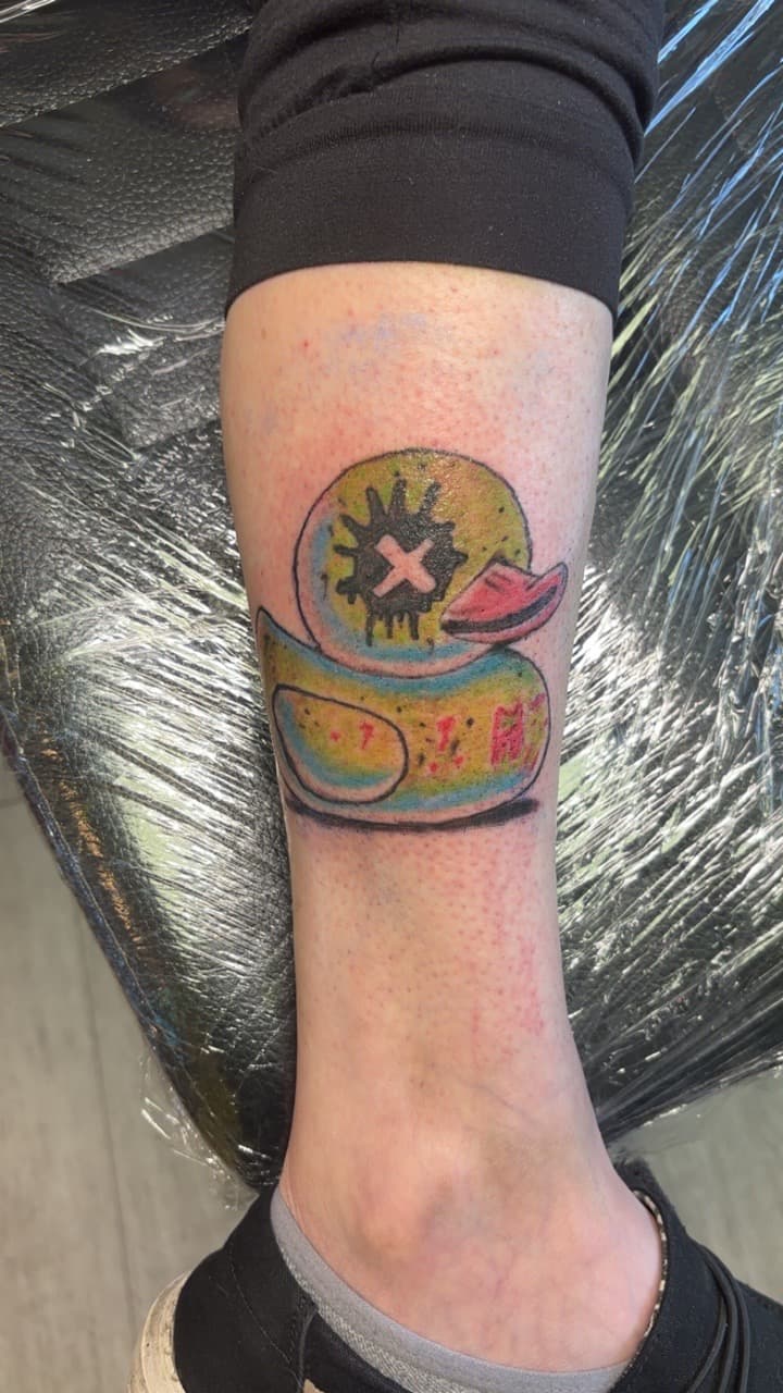 New School + Cartoon rubber duck tattoo on Calf by Second_Chance_Tattoo_Studio on TattMe