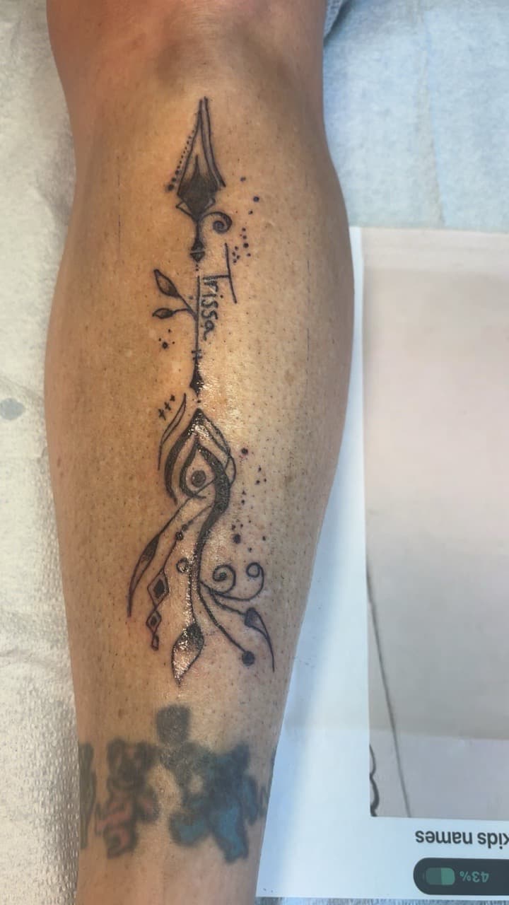 Fine Line + Black-work spearhead tattoo on Calf by Second_Chance_Tattoo_Studio on TattMe