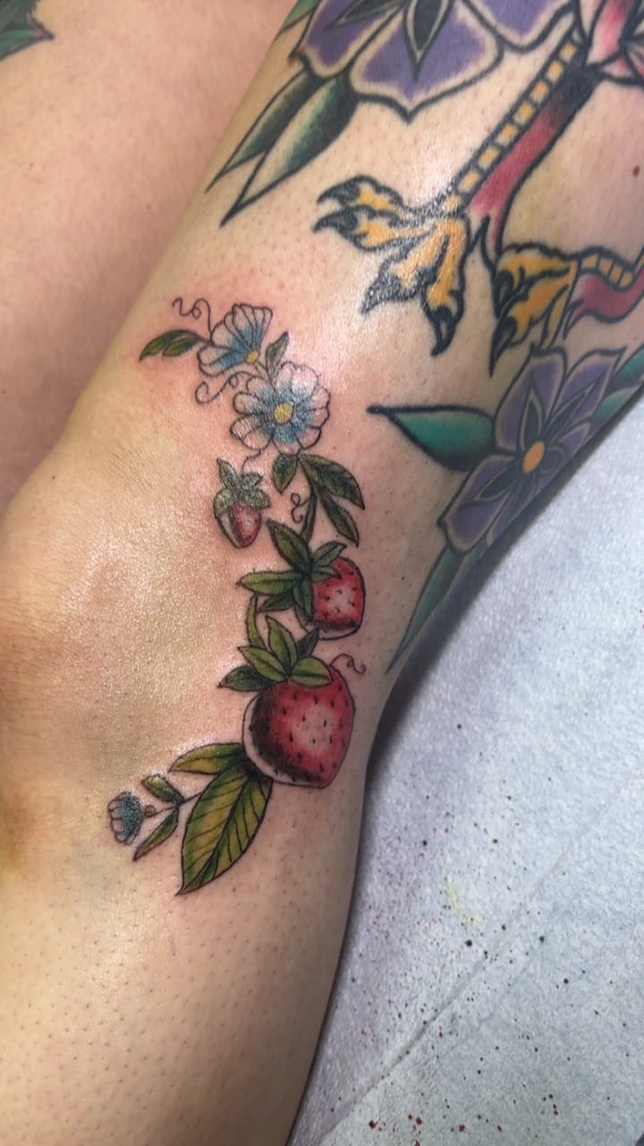 Color + Floral strawberries tattoo on Knee by Second_Chance_Tattoo_Studio on TattMe