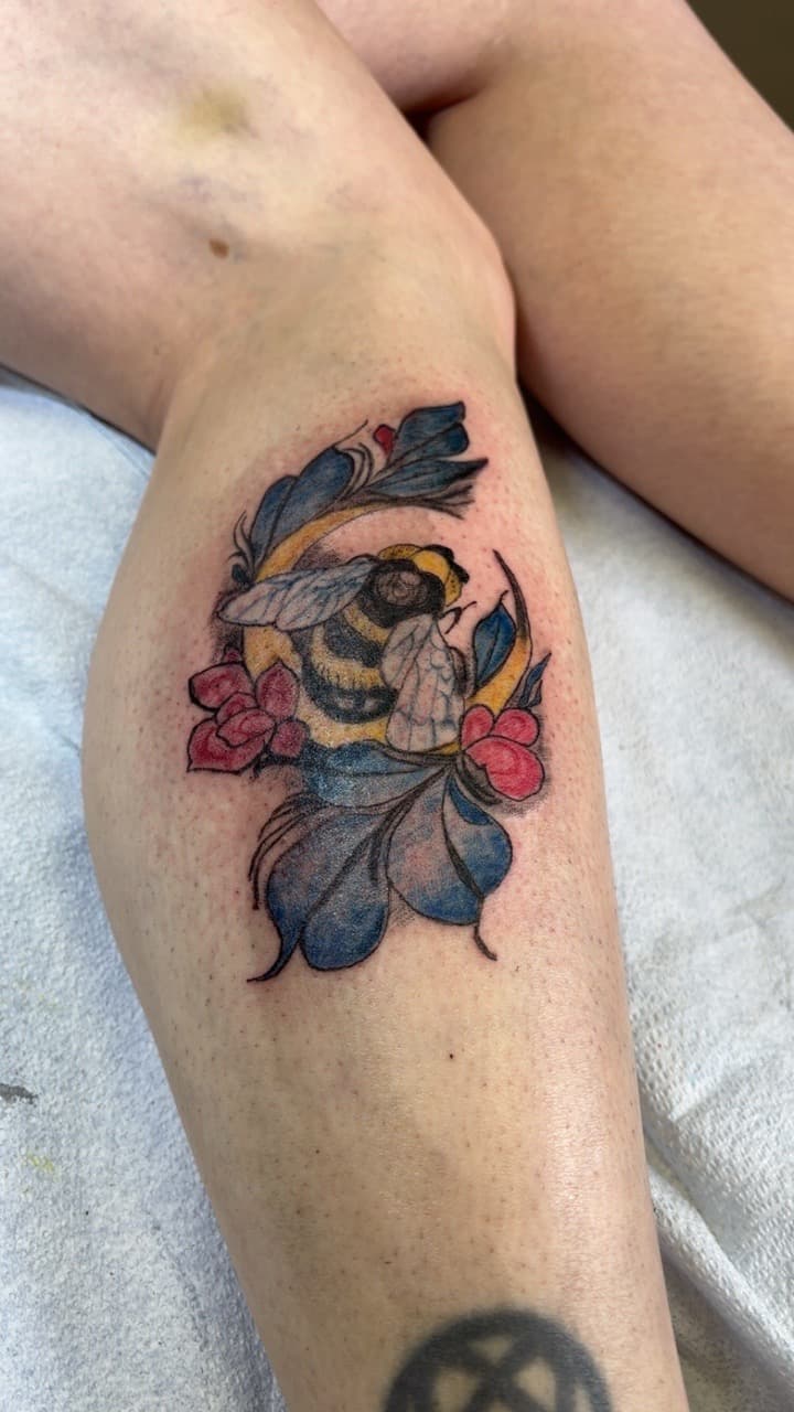 Color + Illustrative bumblebee tattoo on Calf by Second_Chance_Tattoo_Studio on TattMe