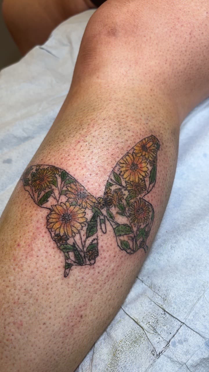Floral + Color butterfly tattoo on Calf by Second_Chance_Tattoo_Studio on TattMe