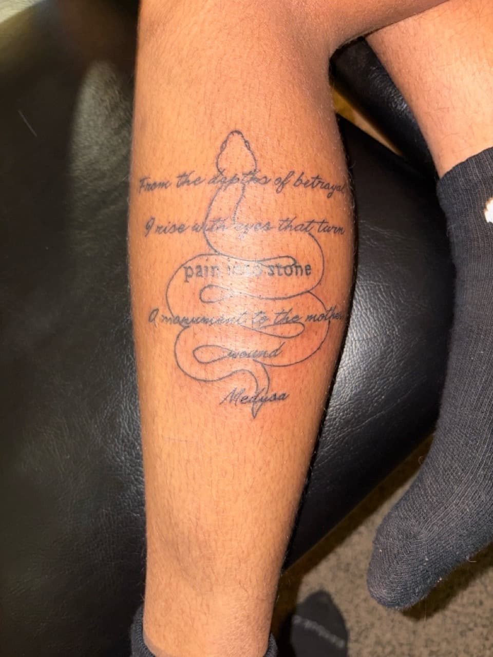 Fine Line + Script snake tattoo on Calf by inky_wit_kiah on TattMe