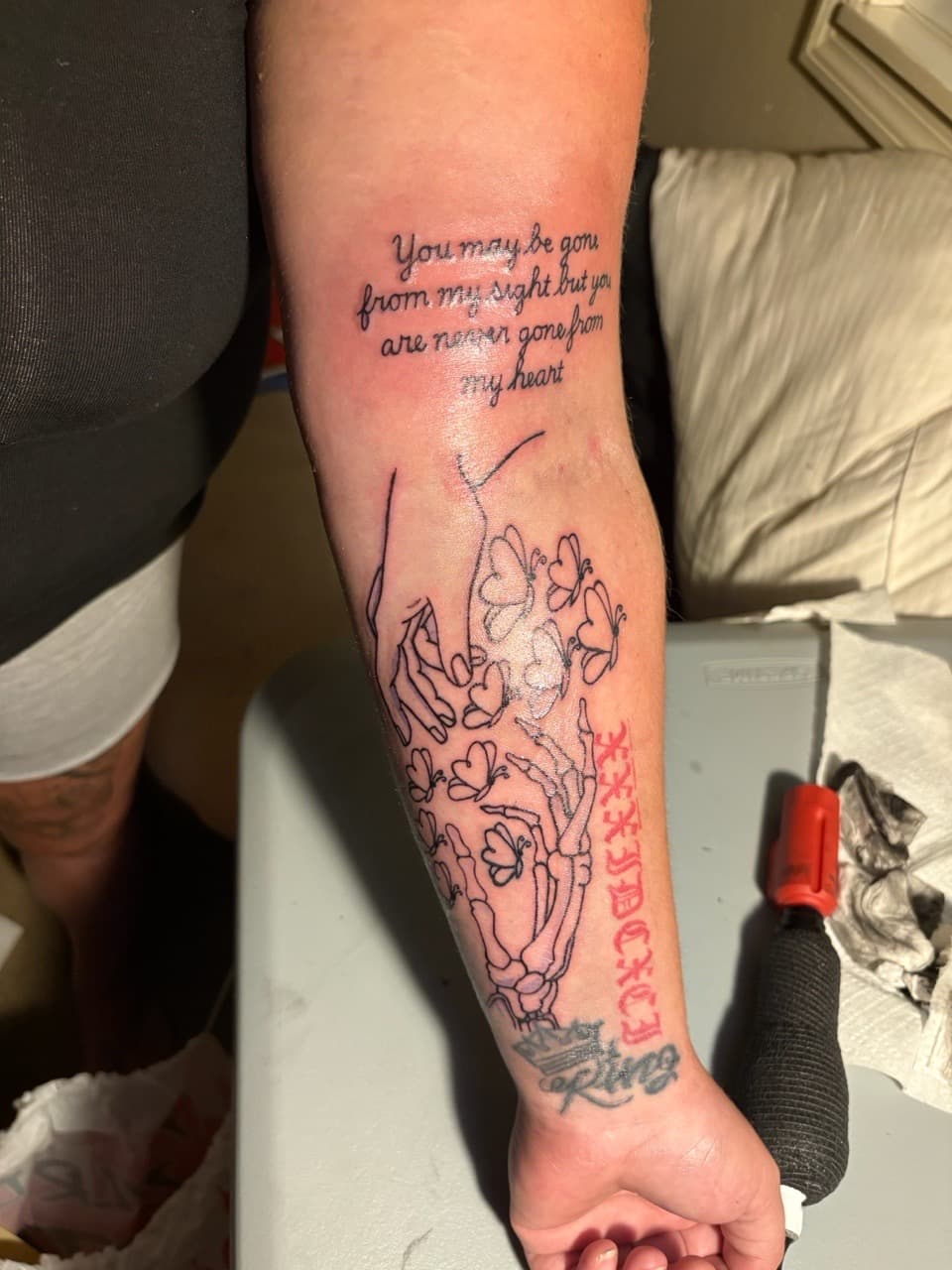 Line-work + Script skeleton hands tattoo on Forearm by inky_wit_kiah on TattMe