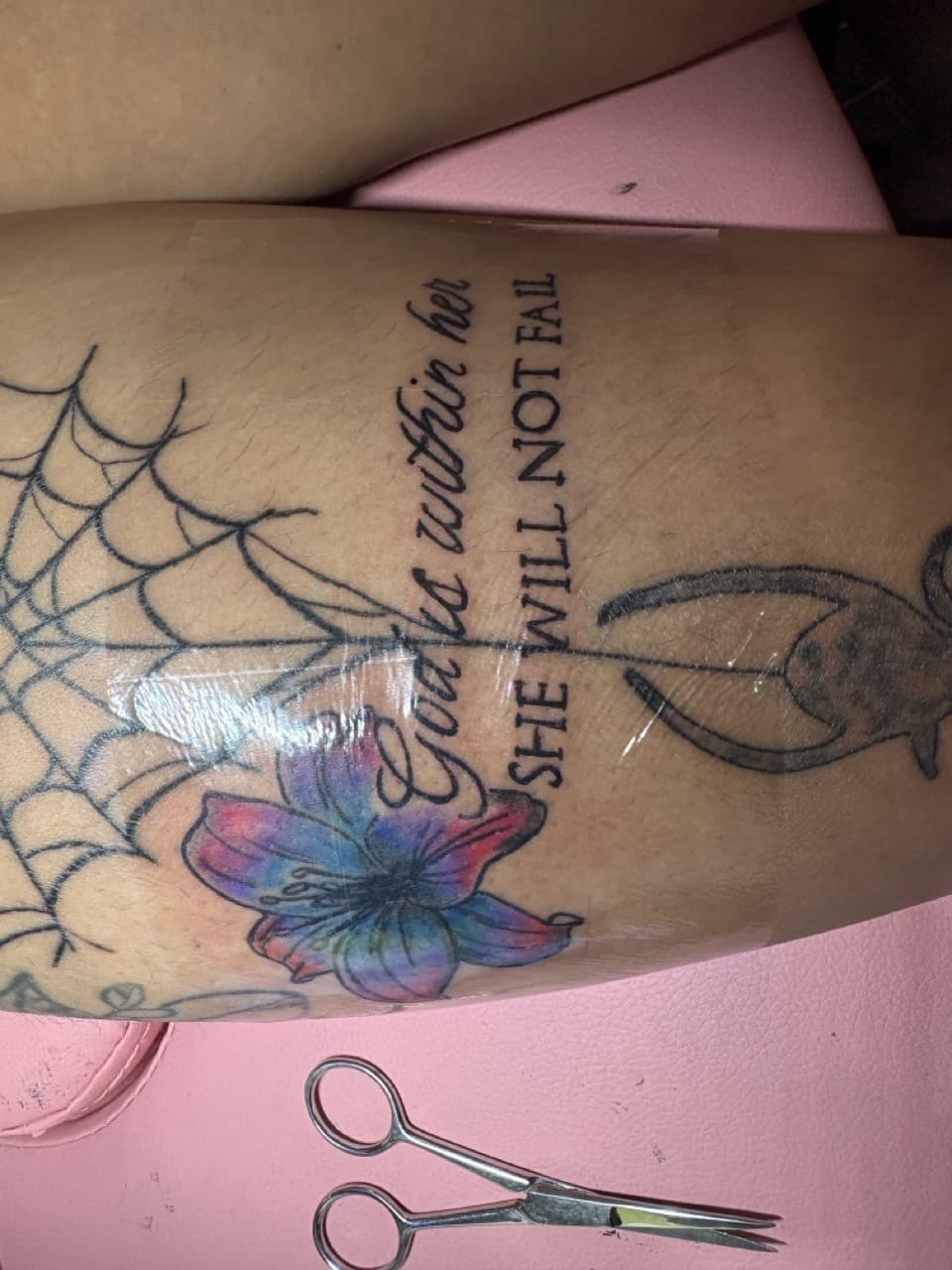 Lettering + Script spider web tattoo on Thigh by inky_wit_kiah on TattMe