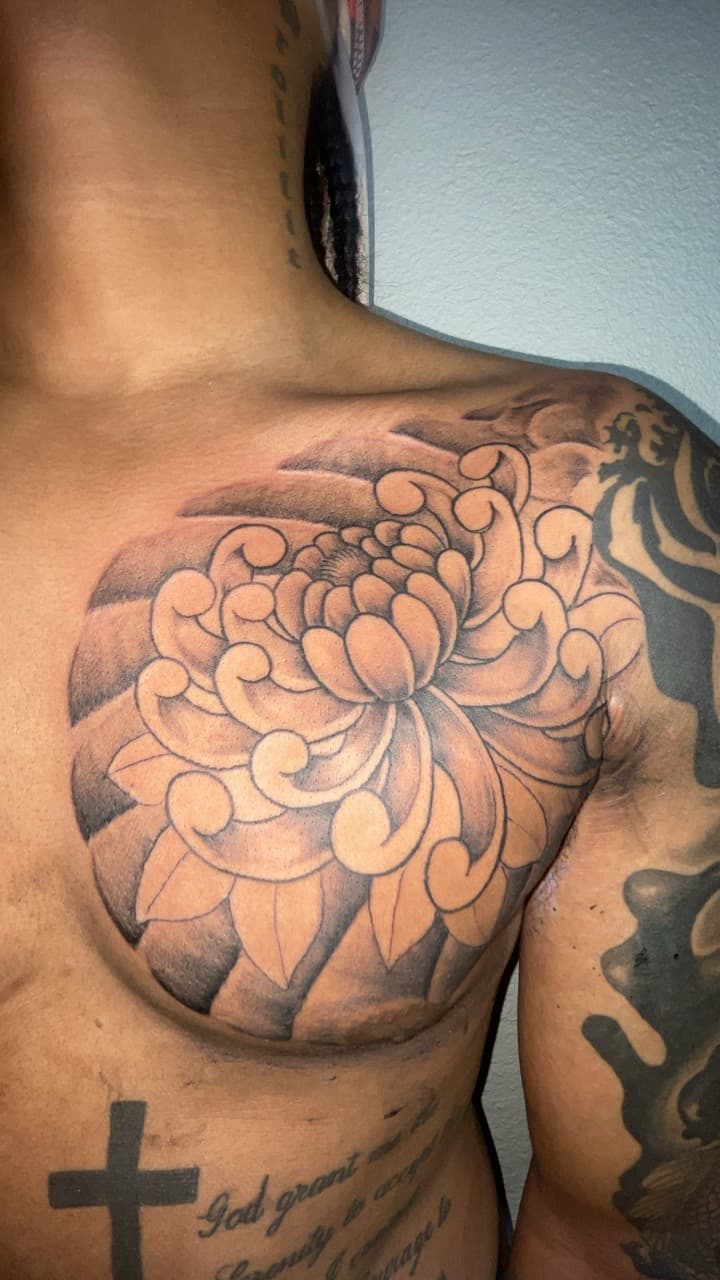Japanese + Black & Grey chrysanthemum tattoo on Chest by Tattsbyap on TattMe