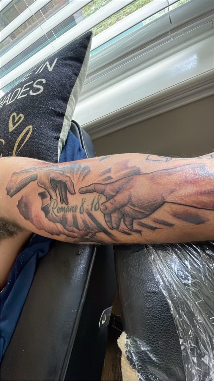 Black & Grey + Realism hands tattoo on Forearm by Tattsbyap on TattMe