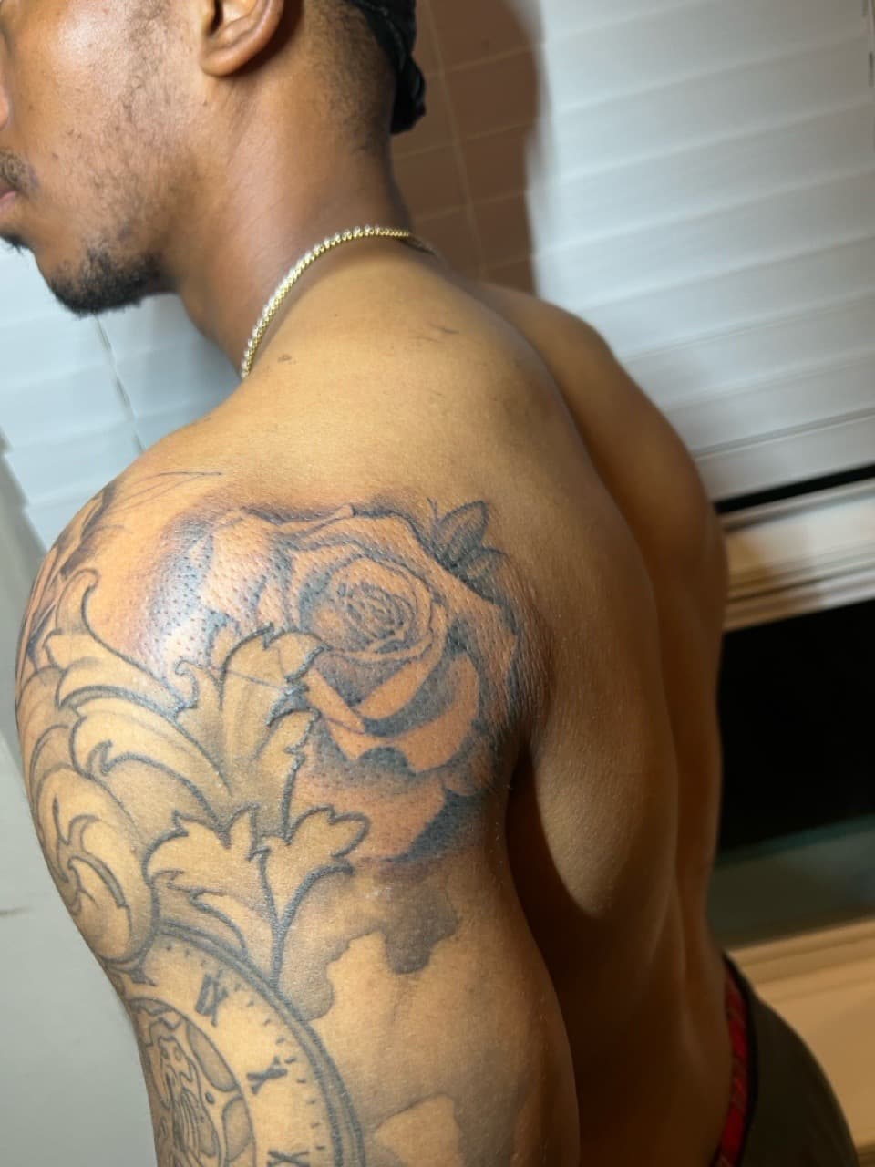 Black & Grey + Floral rose tattoo on Upper Arm by Tattsbyap on TattMe