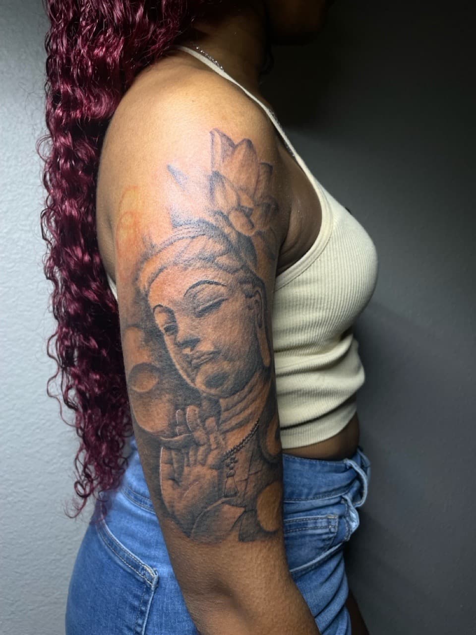 Black & Grey + Illustrative buddha tattoo on Half Sleeve by Tattsbyap on TattMe