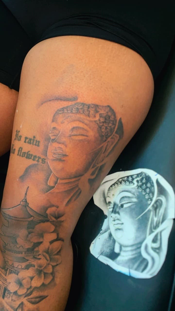 Black & Grey + Illustrative buddha tattoo on Thigh by Tattsbyap on TattMe