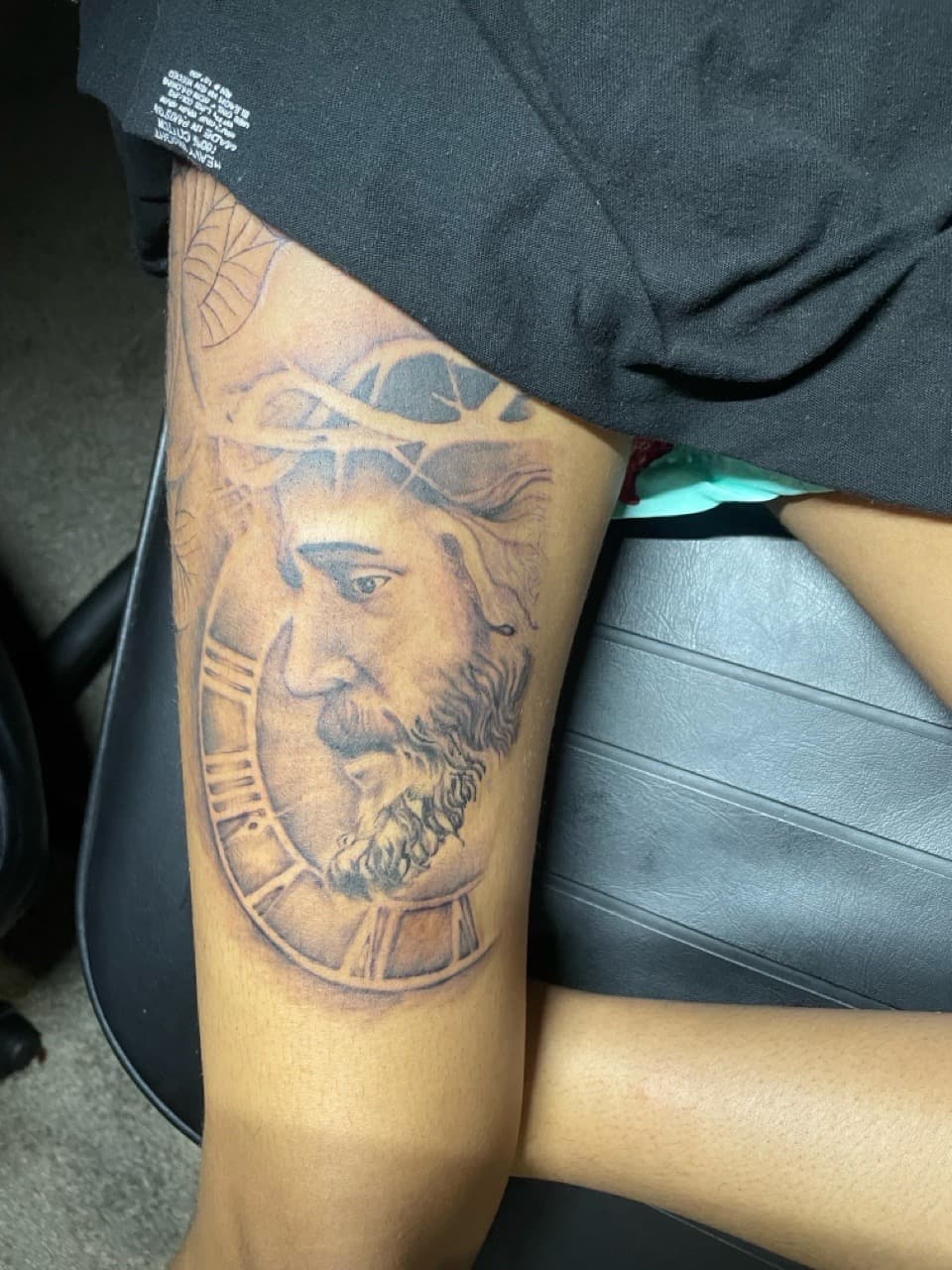 Black & Grey + Realism face tattoo on Thigh by Tattsbyap on TattMe