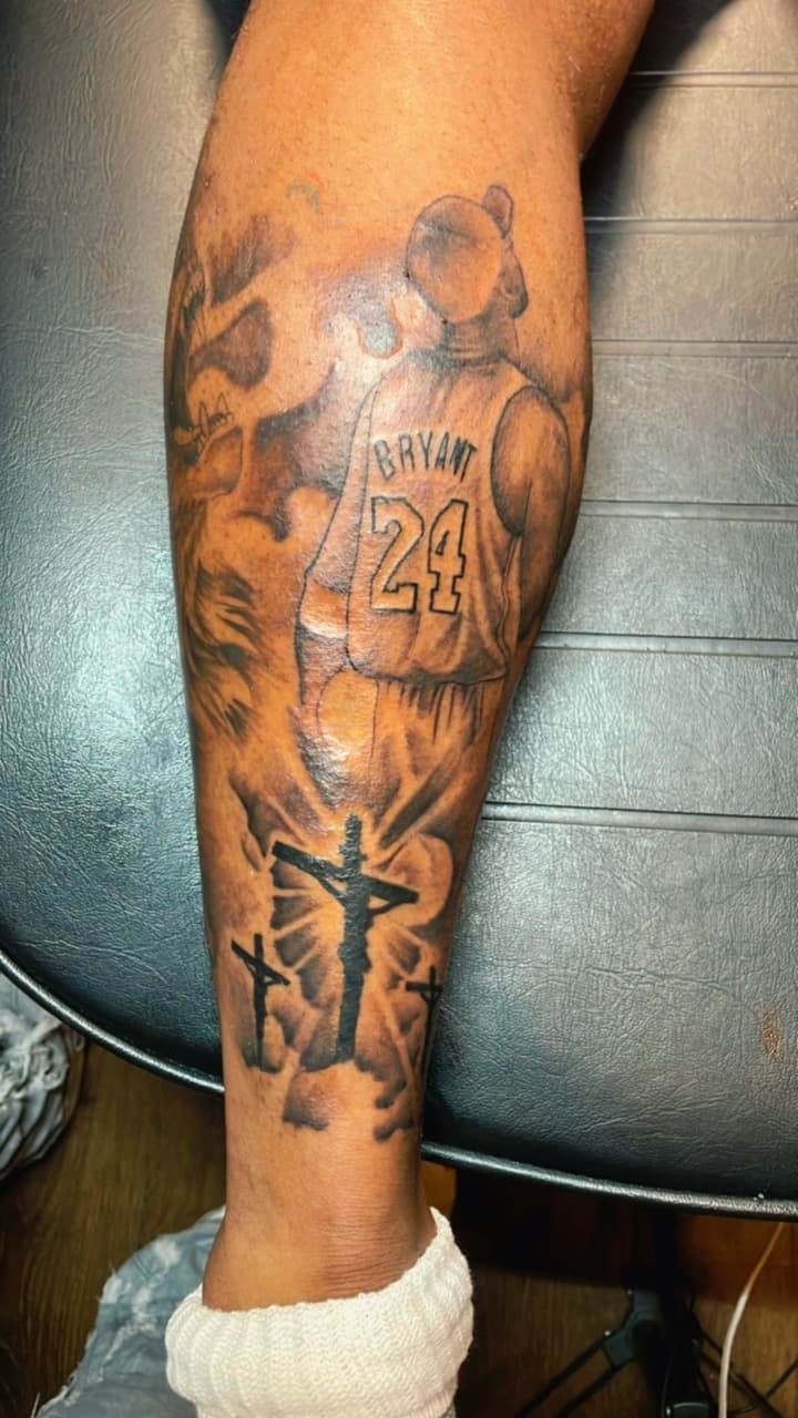 Black & Grey + Realism basketball player tattoo on Calf by Tattsbyap on TattMe