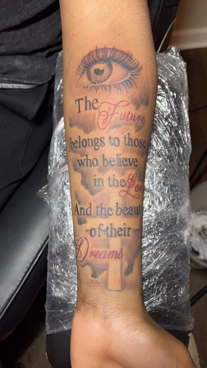 Lettering + Script eye tattoo on Forearm by Tattsbyap on TattMe