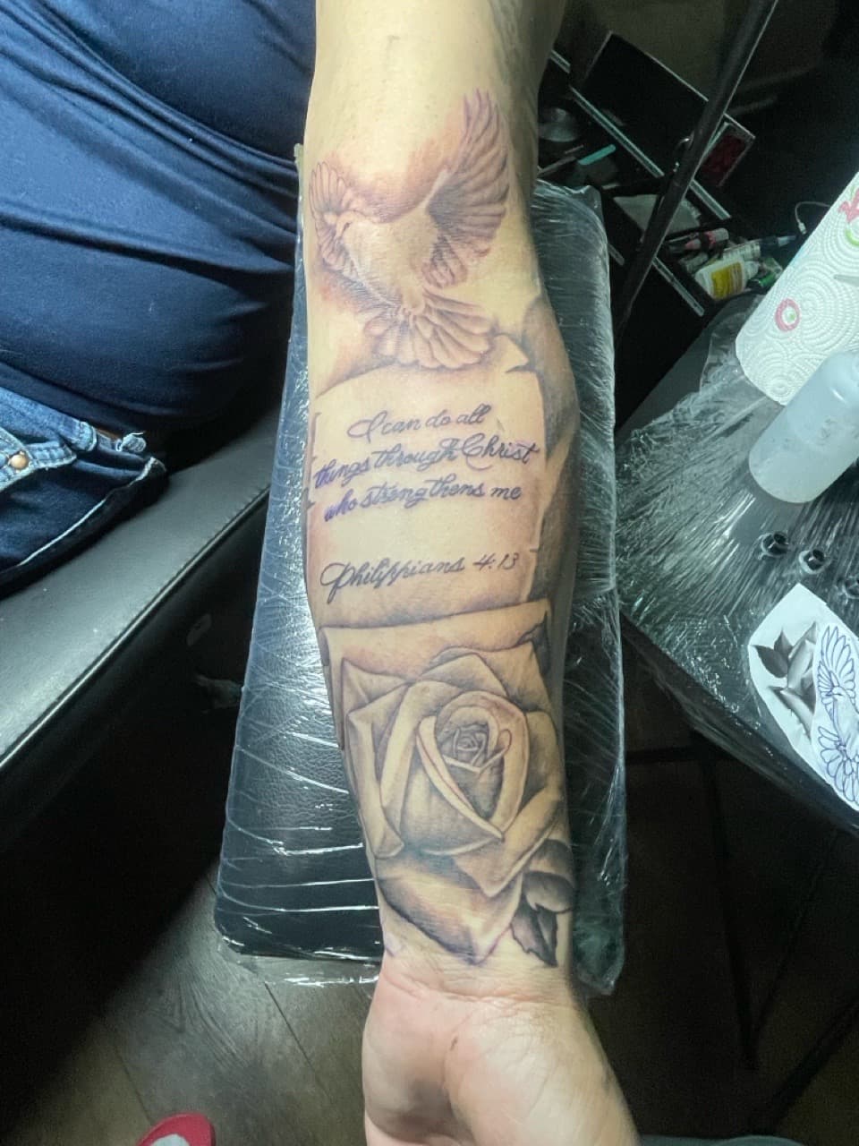 Black & Grey + Lettering dove tattoo on Forearm by Tattsbyap on TattMe