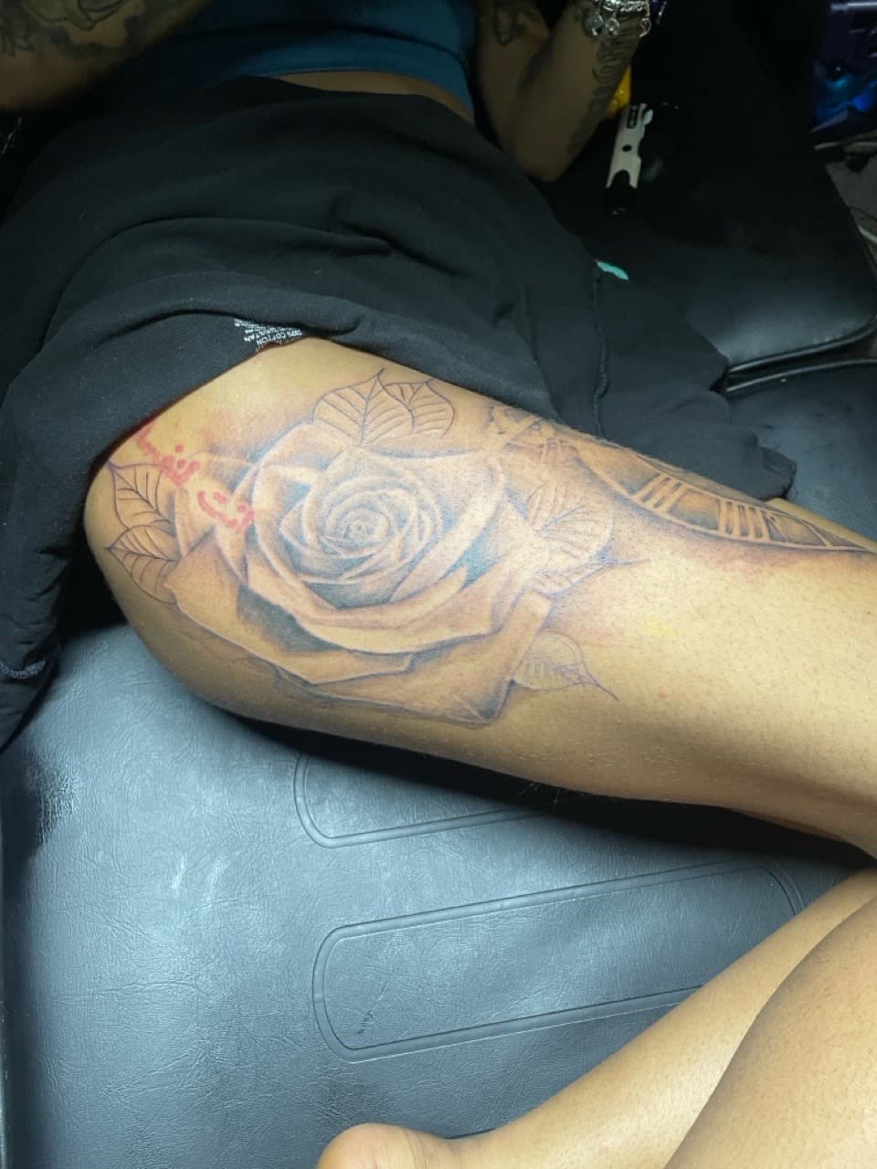 Black & Grey + Floral rose tattoo on Thigh by Tattsbyap on TattMe