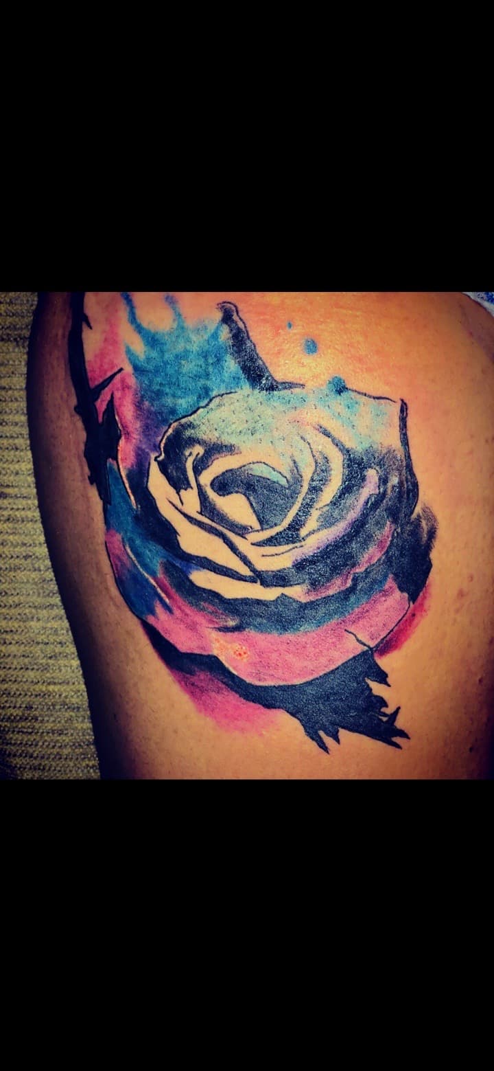 Watercolor + Floral rose tattoo on Thigh by Tattoos_by_Ivan on TattMe