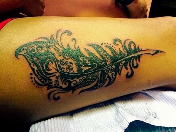 Black-work + Illustrative feather tattoo on Thigh by Tattoos_by_Ivan on TattMe