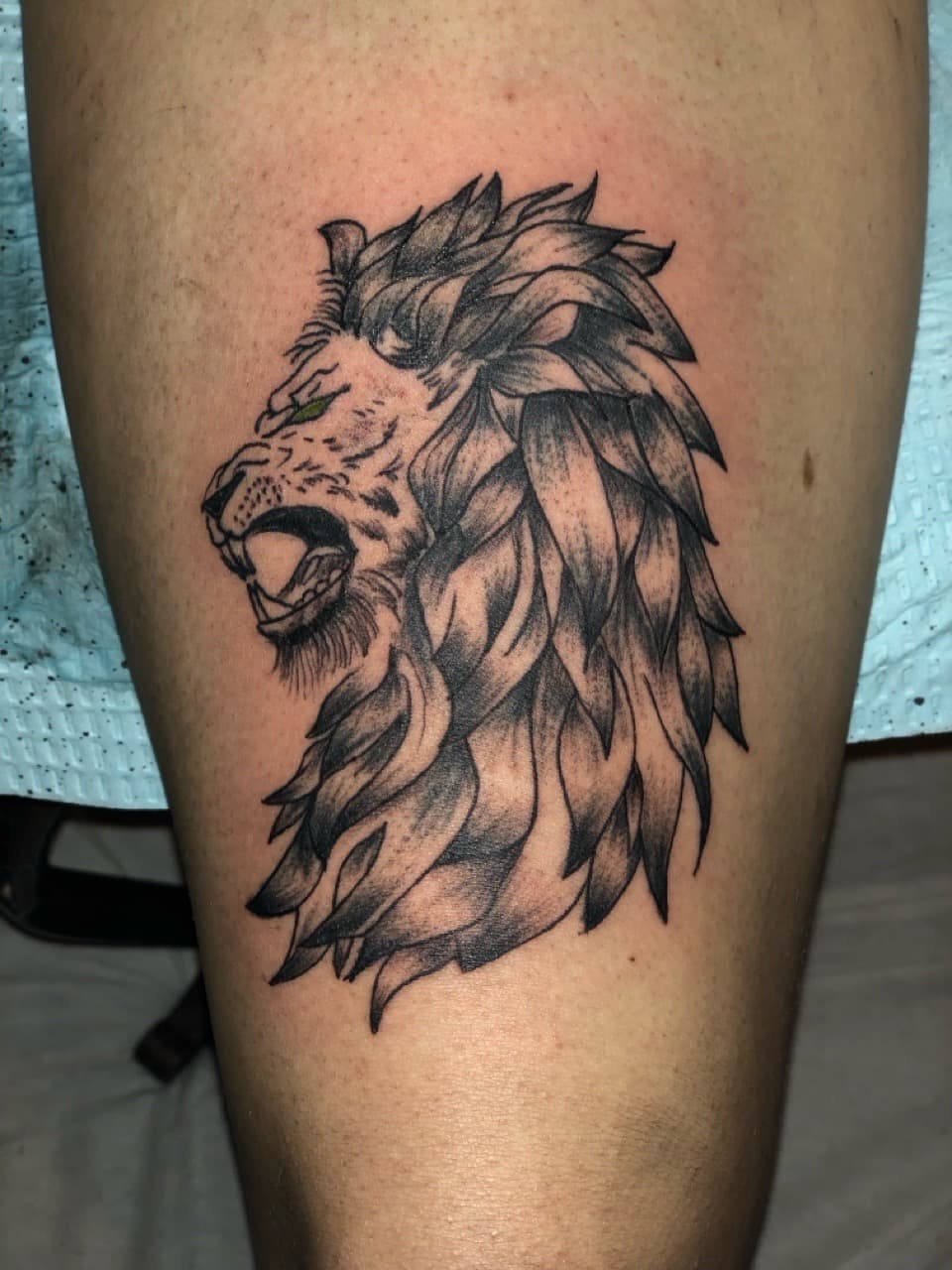 Black & Grey + Illustrative lion tattoo on Thigh by Tattoos_by_Ivan on TattMe