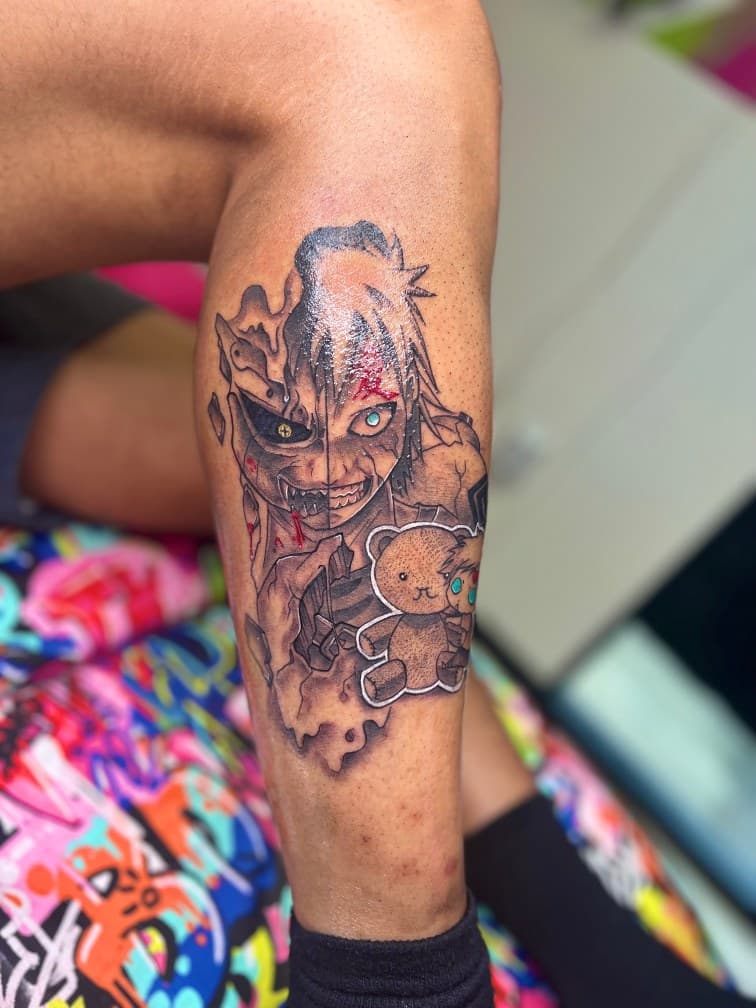 Anime + Black & Grey gaara tattoo on Calf by MillzyInk on TattMe