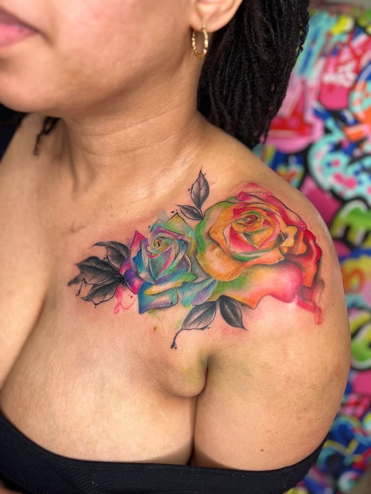 Watercolor + Floral roses tattoo on Shoulder by MillzyInk on TattMe
