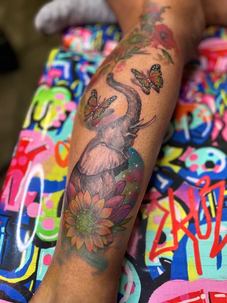 Color + Illustrative elephant tattoo on Calf by MillzyInk on TattMe
