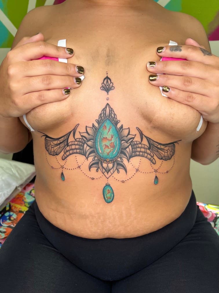 Fine Line + Color gemstone tattoo on Sternum by MillzyInk on TattMe