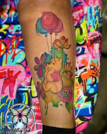 Watercolor + Illustrative winnie the pooh tattoo on Calf by MillzyInk on TattMe