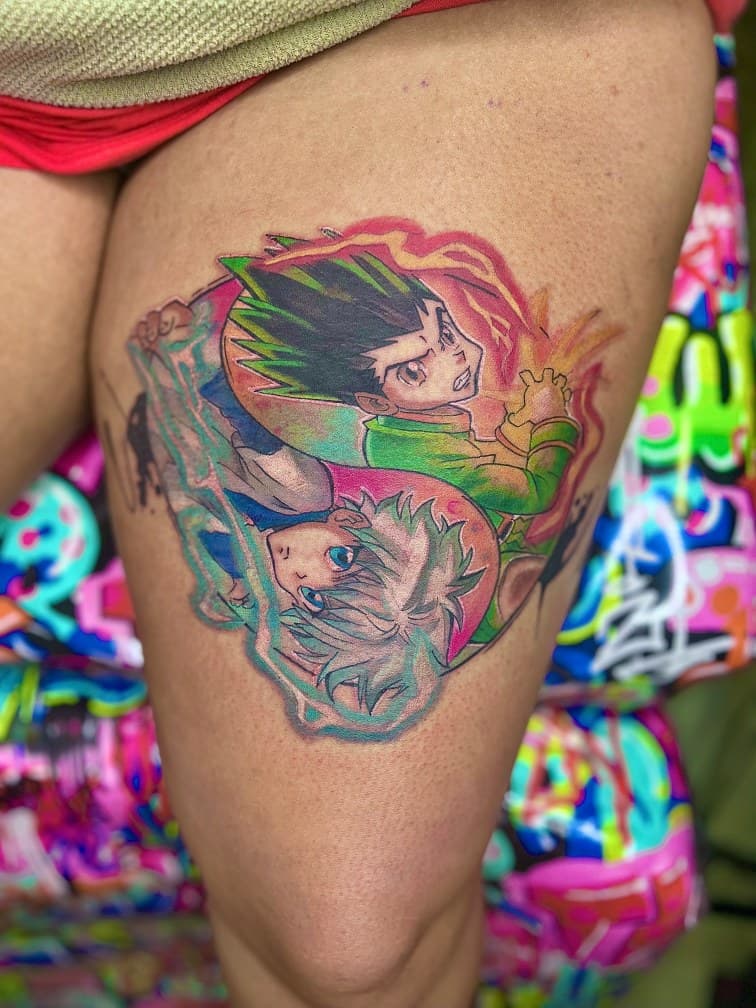 Anime + Color characters tattoo on Thigh by MillzyInk on TattMe