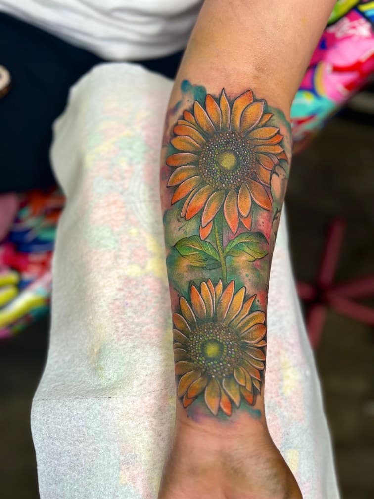 Color + Floral sunflowers tattoo on Forearm by MillzyInk on TattMe