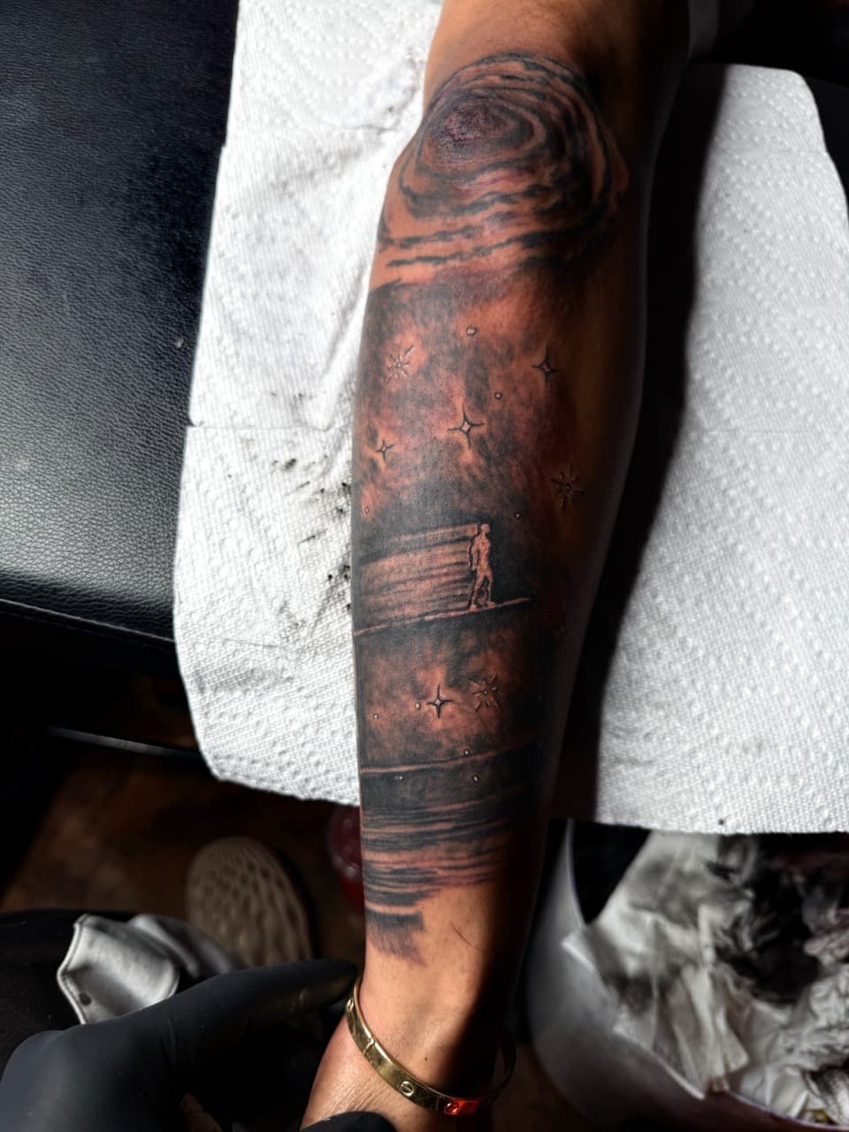Black & Grey + Dot-work surfer tattoo on Forearm by Chris_Brooks on TattMe