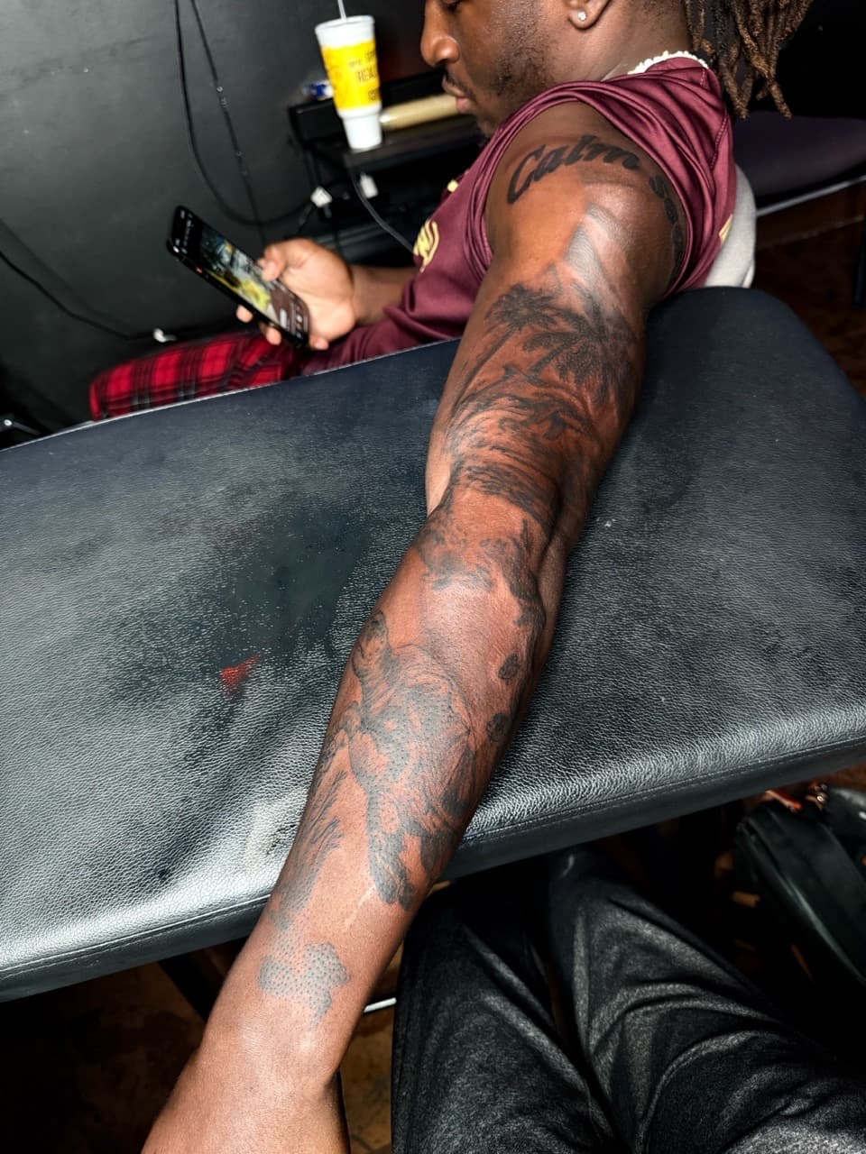 Black & Grey + Illustrative palm tree tattoo on Full Sleeve by Chris_Brooks on TattMe