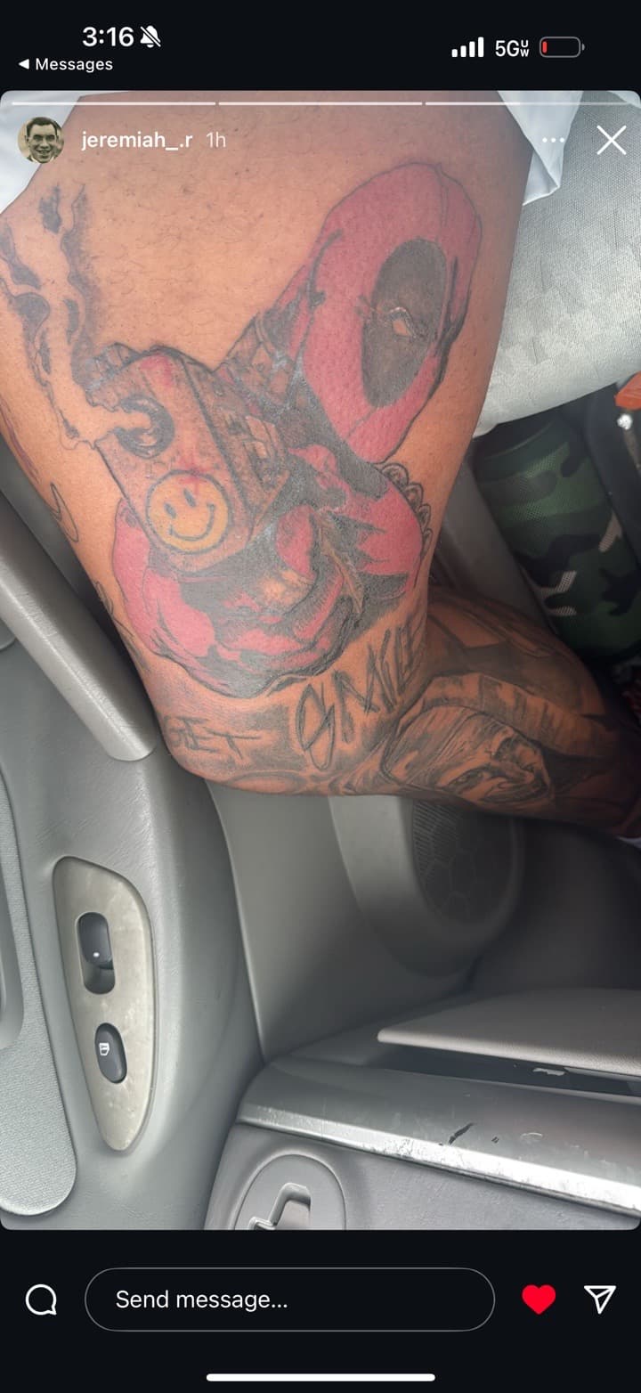 Pop Culture + Color deadpool tattoo on Upper Arm by Chris_Brooks on TattMe