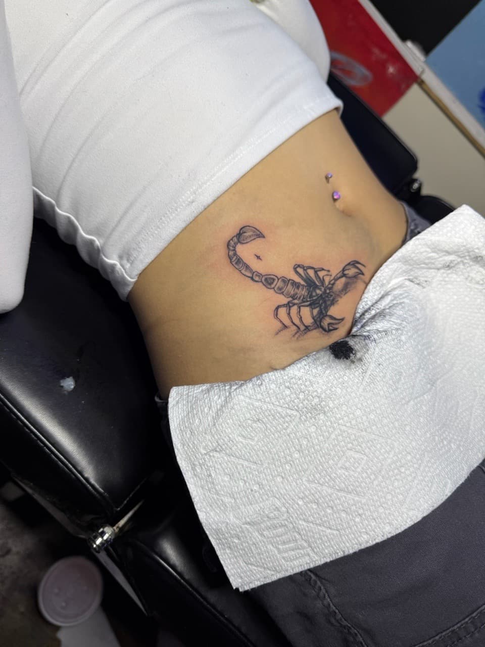 Fine Line + Black-work scorpion tattoo on Stomach by Chris_Brooks on TattMe