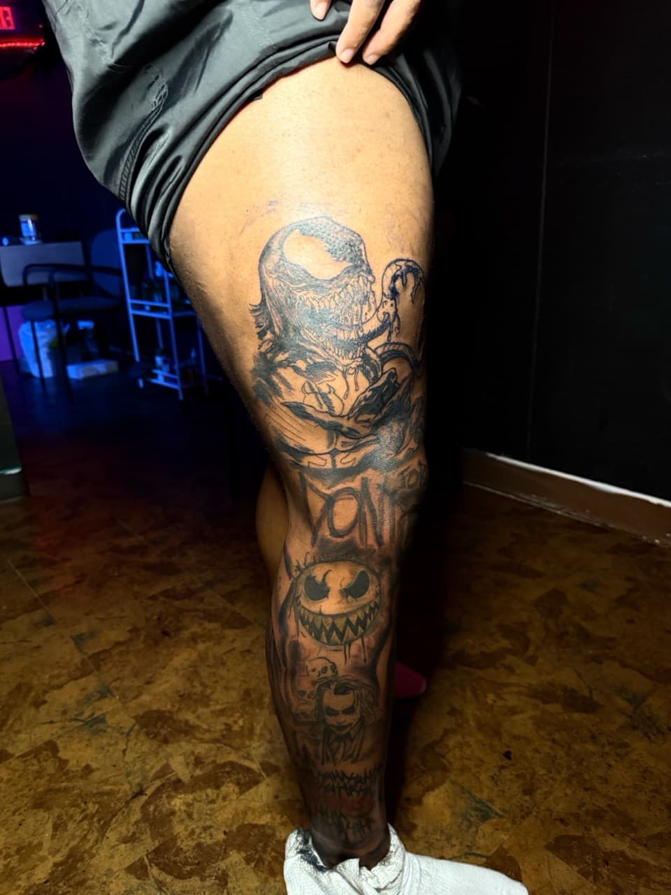 Black & Grey + Illustrative venom tattoo on Full Leg Sleeve by Chris_Brooks on TattMe