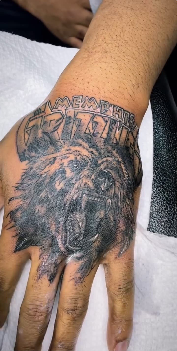 Black & Grey + Illustrative bear tattoo on Hand by Chris_Brooks on TattMe