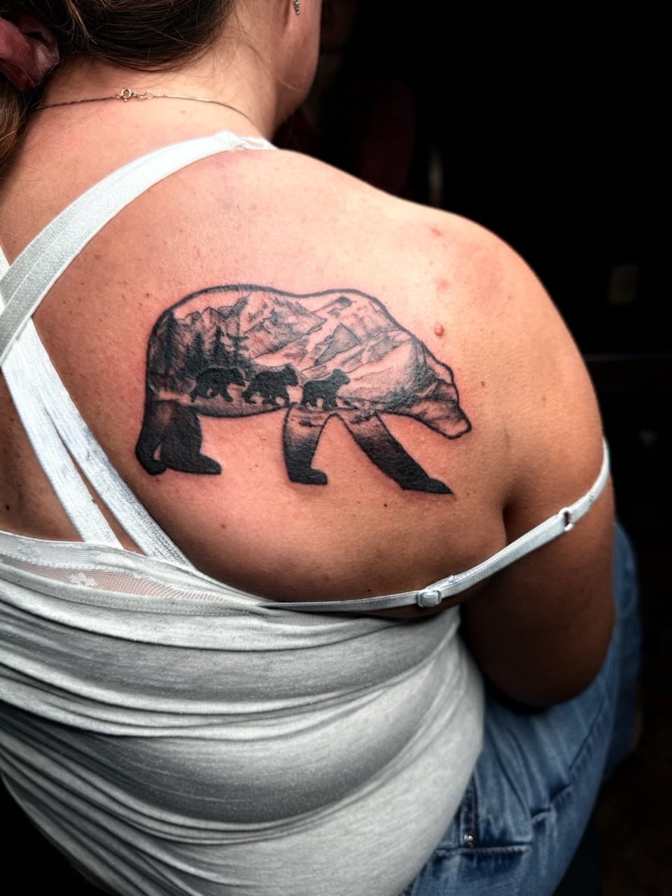 Black & Grey + Illustrative bear tattoo on Shoulder Blade by Chris_Brooks on TattMe