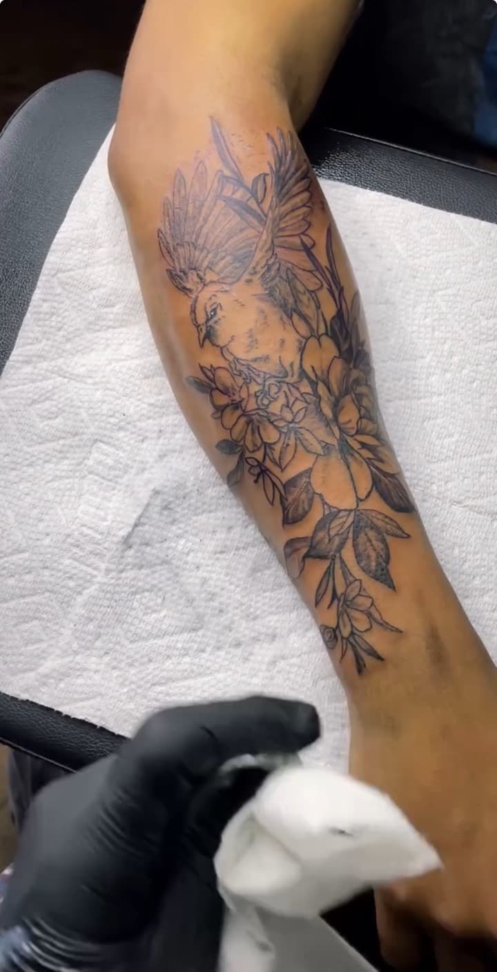 Fine Line + Black & Grey bird tattoo on Forearm by Chris_Brooks on TattMe
