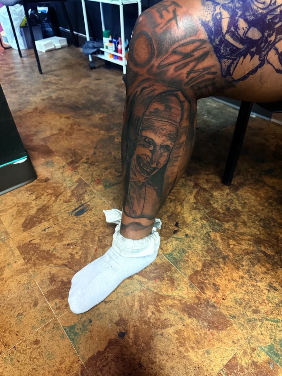Black & Grey + Realism nun tattoo on Calf by Chris_Brooks on TattMe