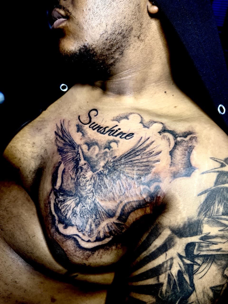 Black & Grey + Lettering dove tattoo on Chest by Chris_Brooks on TattMe