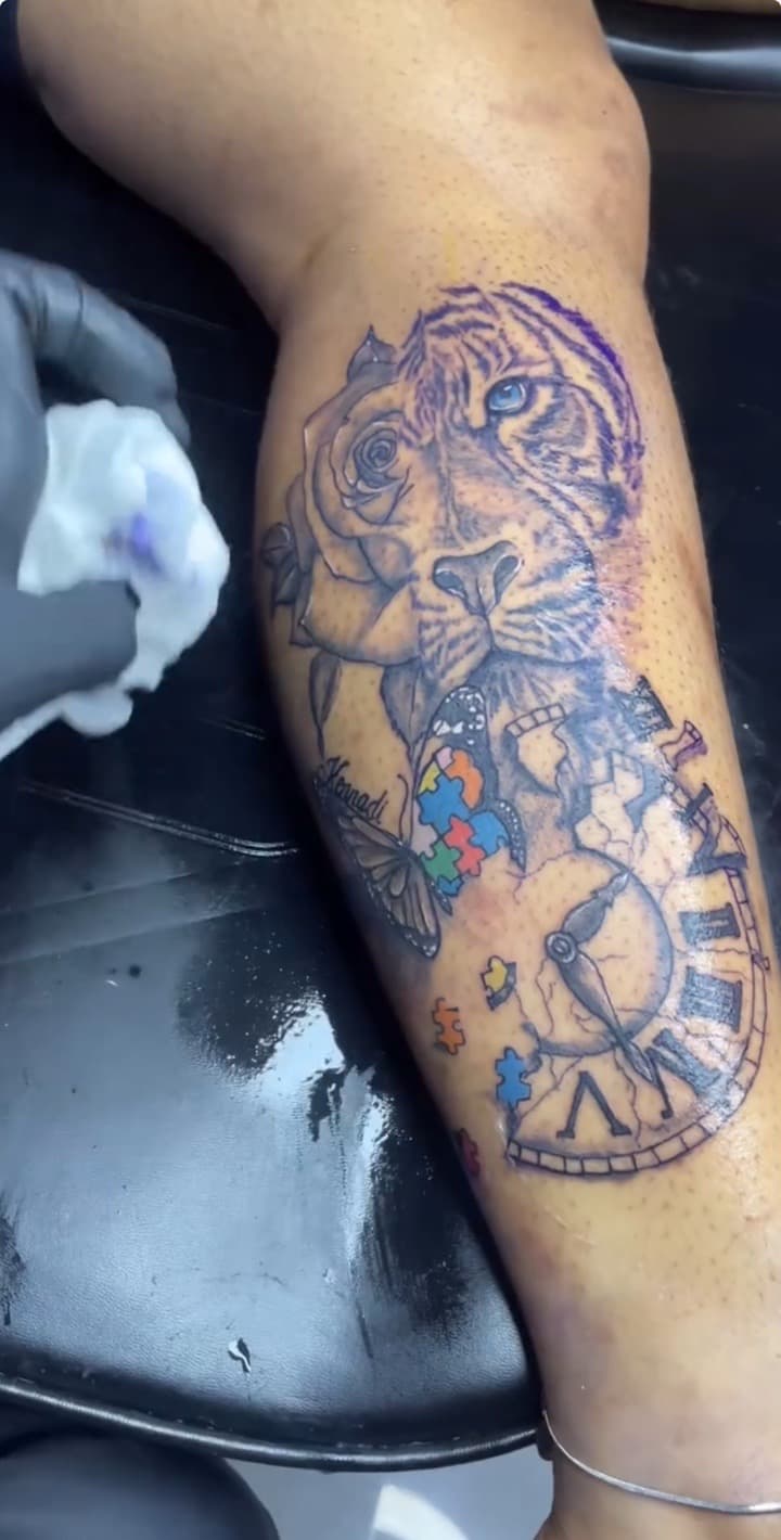 Black & Grey + Illustrative tiger tattoo on Calf by Chris_Brooks on TattMe