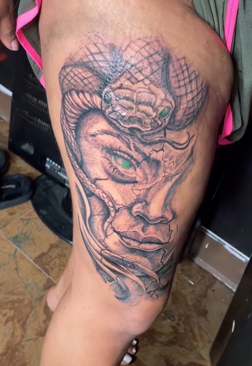 Black & Grey + Realism woman tattoo on Thigh by Chris_Brooks on TattMe