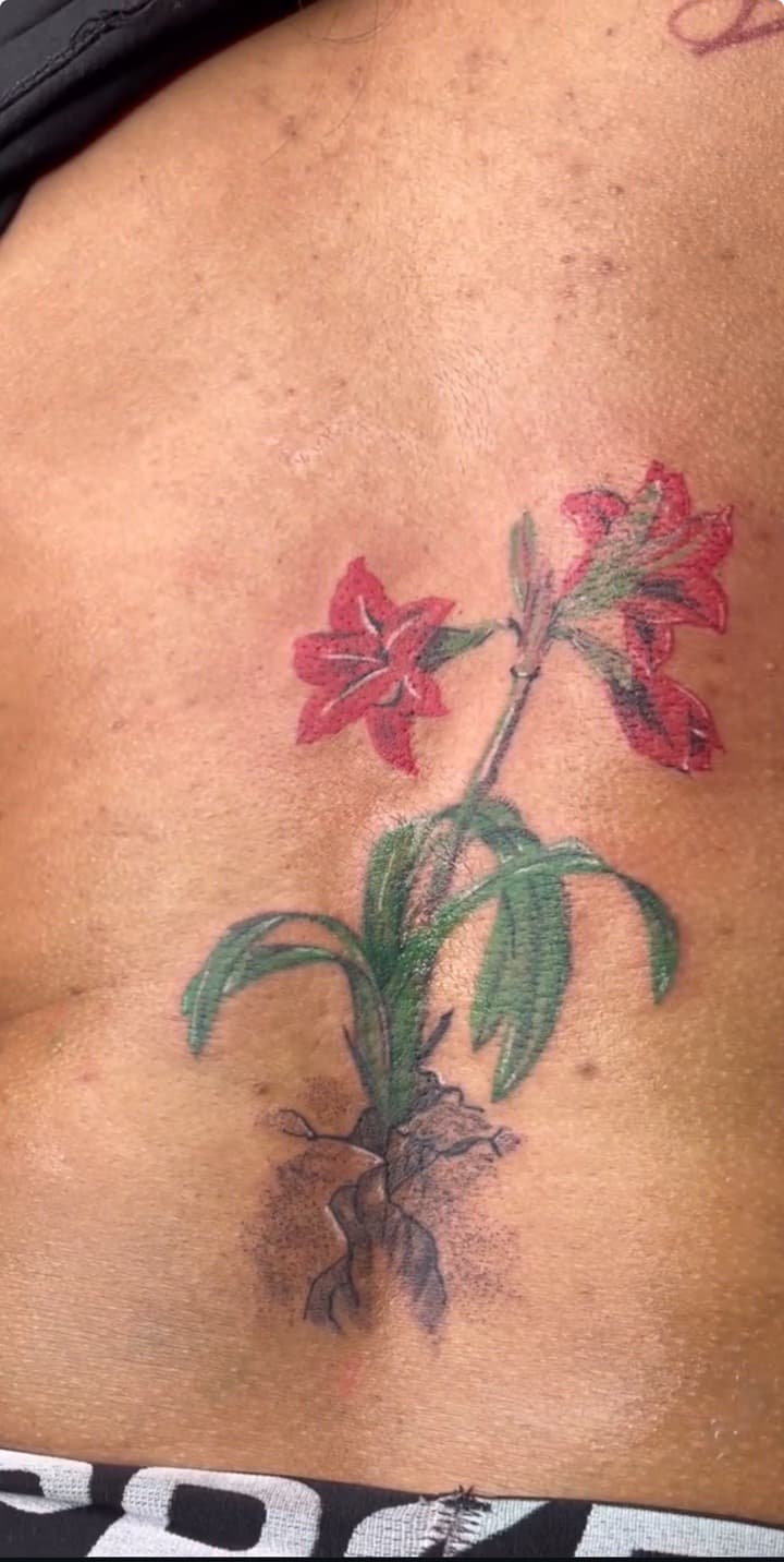 Color + Illustrative flowers tattoo on Upper Back by Chris_Brooks on TattMe
