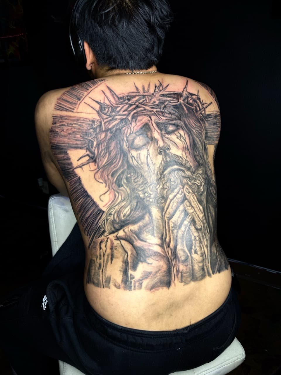 Black & Grey + Realism jesus tattoo on Upper Back by Chris_Brooks on TattMe